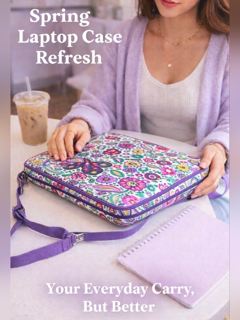 Vera Bradley Floral Laptop Case Sleeve Crossbody Purple Pink Green Padded Bag